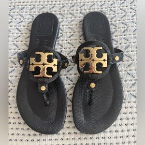 Tory Burch Black Logo Thong Sandals with Gold Emblem